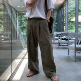 No-Mace Back Banding Two-Tuck Linen Wide Pants