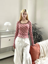 1464. Check mesh long sleeve T (2color)
