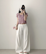 Checkered Ruffle Square Button Short Sleeve Blouse