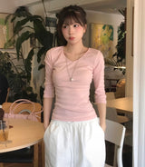 [ md pick / basic ] adore v glam shirring 3/4 sleeve top