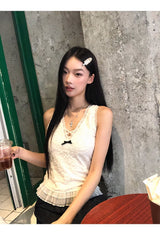 ベストレースVネックフリルスリーブレスTシャツ