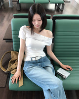 [ORIGINAL] Off-Shoulder Stud Short-Sleeve T-Shirt