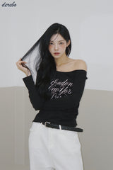 ワイドネックレタリングノーマルフィット長袖Tシャツ