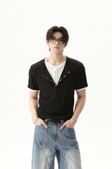 Textured Henley Layered Knit Tee