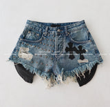 chrome patch studded denim shorts