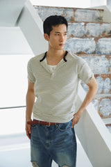 ストライプヘンリーネックハーフTシャツ(Ivory)