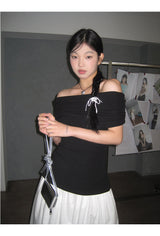 Black Macaron Bow Off Shoulder Tee