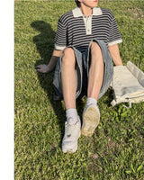 Windy Buckle Stripe Collar Short Sleeve Knit