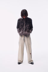 LEOPARD VELVET DOUBLE-HEAD COLOR-TOOTH ZIPPER SMUDGED SPRAY DISTRESSED TAILORED STAND COLLAR JACKET