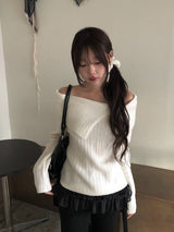 Fuzz Collar Rib Off-Shoulder Slit Long Sleeve Knit