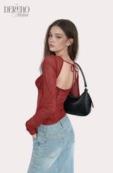 レッドシフォン ロングスリーブブラウス