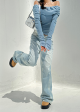 (UNISEX) RIVER DAMAGE UNIQUE WIDE LIGHT BLUE UNISEX PANTS