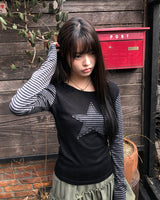 Emyu Star Patch Stripe Long Sleeve T-Shirt