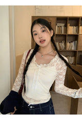 レースシャーリングツーピース長袖ブラウスTシャツ