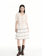 CONFUN linen check texture fabric spiral metal fastening round-neck short-sleeve shirt