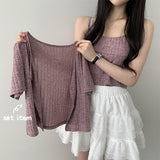 Easy ribbed semi-crop cardigan + shirring string tank top set