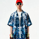 [UNISEX] オートモバイルパーツキャンプカラープリントシャツ（ブルー）
