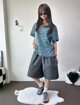 Deep Double Knee Non-Faded Raw Denim Rivet Mini Bermuda  2 Colors 