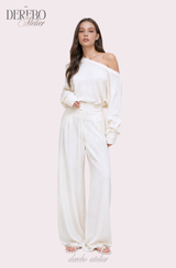 Waffle Asymmetrical Off-Shoulder Sweat Pants Set (TOP+PANTS SET)