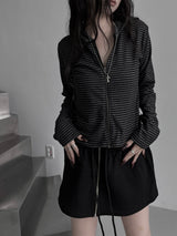 stripe boa hood zip-up
