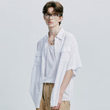 [bandana necklace set] washed check linen 2 pocket half shirt white
