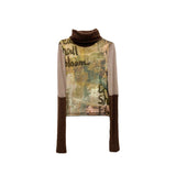 Retro fountain print coffee color stitching knitted contrast mesh bottom