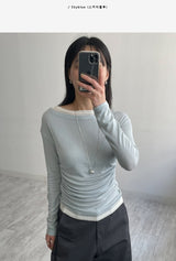 レイヤードシャーリングボートネックTシャツ