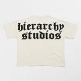 Hierarchy Studios - ホワイトワイドロゴオーバーサイズTシャツ