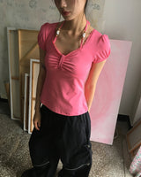 コードビーズリボンシャーリングパフ半袖Tシャツ