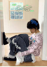 sillysis 青いチェック柄のレースドローストリングポケットパンツ、ゆったりデザイン、金属ボタン、ワイドレッグカジュアルパンツ