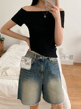 Off Shoulder Slim Rib Short Sleeve T-shirt (3color)