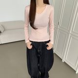 Vネック サイドシャーリングポイント デイリースリムフィット ロングスリーブTシャツ