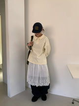 クカルレースレイヤードバンディングミディスカート
