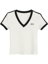 ブラックラインリボンVネックショートスリーブtシャツ