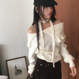 [Set] ハネルボタンオフショルダーマフラーニット
