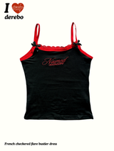 Red bow lettering lace sleeveless t-shirt