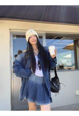 denim loose fit collar zip-up jacket two-piece (skirt set)