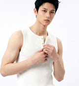 Ribbed Henley-Neck Sleeveless Top White