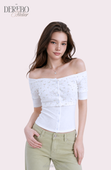 Sherbet off-shoulder button short sleeve T-shirt