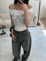 レースオフショルダーコルセットリボンプリントショートスリーブTシャツ(White)