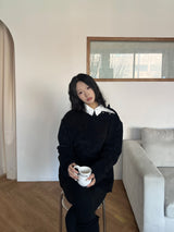 [UNISEX] オーバーフィット ベロア オフショルダー ダブルスナップボタン ロングスリーブ ニットT(4 colors)
