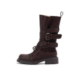 Vintage-Style Genuine Lambskin Mid-Calf Biker Boots with Belt Detail
