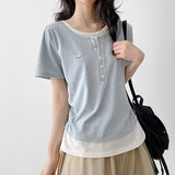 Loose Slim Fit 💫 Coloring Layered U-Neck Shirring Button Daily T-Shirt (6 colors)