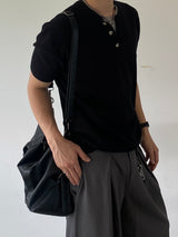 Embossed Layered Henley Neck Short-Sleeved Knitwear 4C