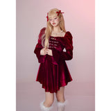 [Girly Fancy Club] レトロレッドベルベットツーピースプリンセスドレス