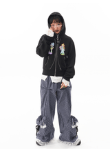 sillysis 青いチェック柄のレースドローストリングポケットパンツ、ゆったりデザイン、金属ボタン、ワイドレッグカジュアルパンツ