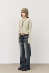(W) Cream Button Top
