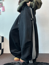 SHEEP FLEECE 🐑🧸 SNAP TRACK 3 LINE PARACHUTE LONG WIDE PANTS 🩶🖤 2COLOR
