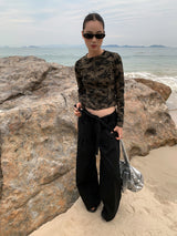 Camo plage back strap long-sleeve zip-up T-shirt