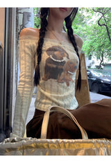 ドッグビーズレースオフショルダー長袖Tシャツ